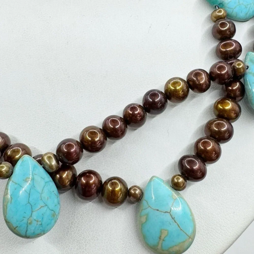 Turquoise Teardrop Bronze Pearl Double Strand Necklace Sterling Silver Bohemian